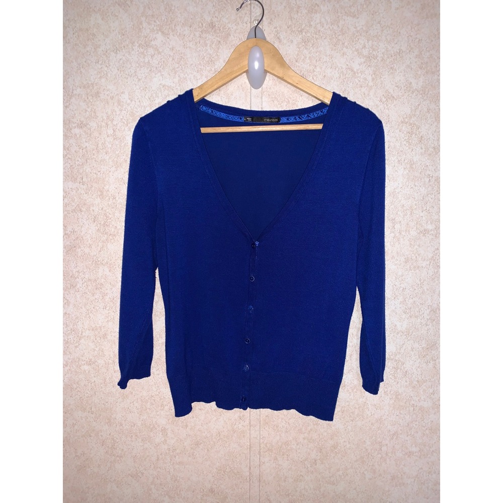 Maurices Womens Royal Blue V-Neck Button Front 3/4 Sleeve Cardigan Sweater Large - Picture 2 of 16